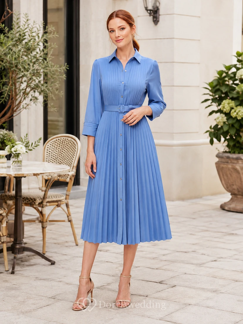 Sky Blue Notched Three-Quarter Sleeve Pleated A-Line Shirt Midi Dress