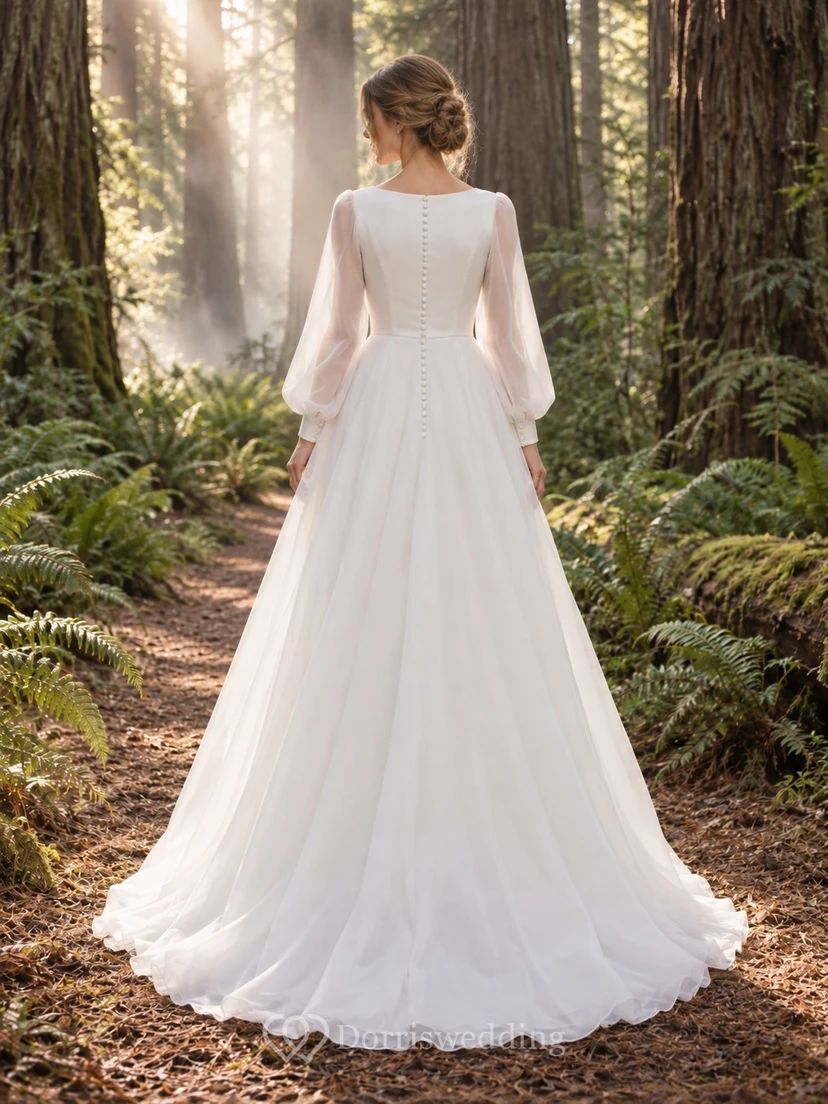Vestido de novia sencillo de organza hasta el suelo, de corte A, con escote barco y botones, de manga larga. view 2