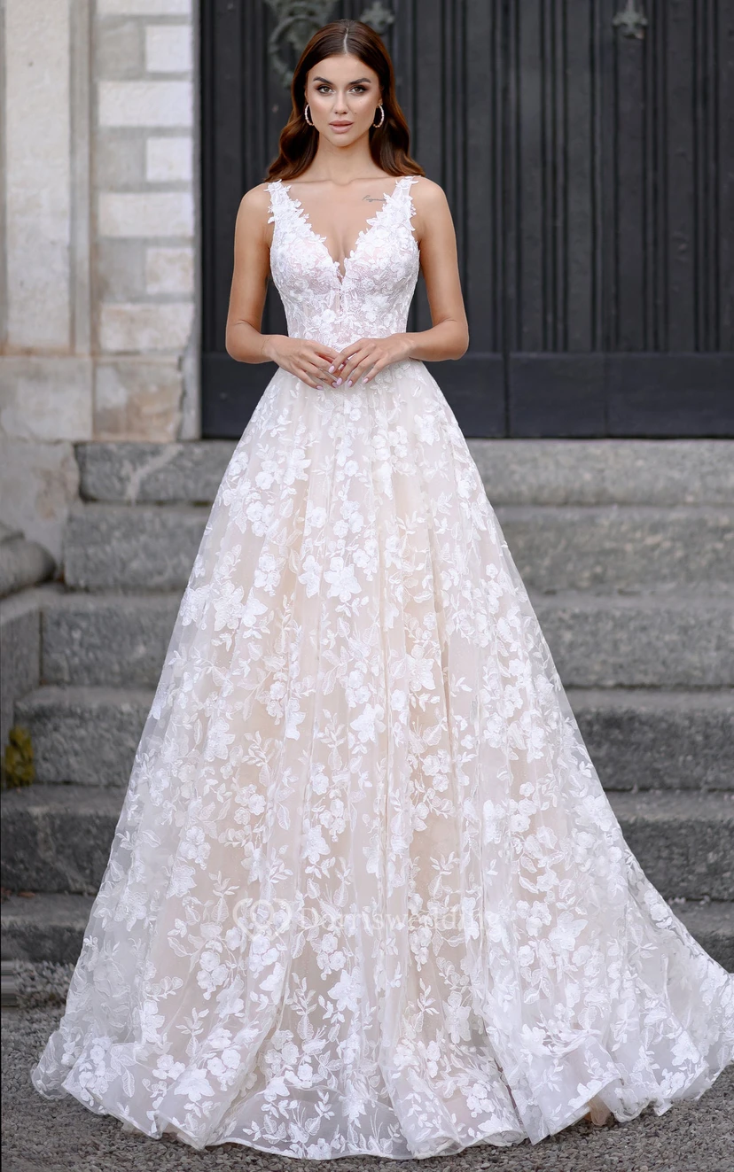 Robe de mariée en dentelle, col V, sans manches, ornée d'appliqués et d'une découpe en forme de goutte