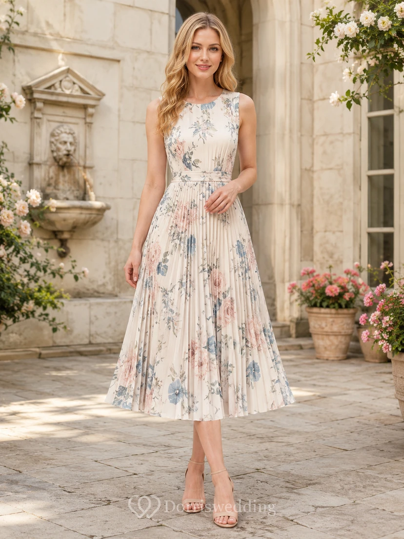 Robe midi plissée sans manches à col rond et imprimé floral léger