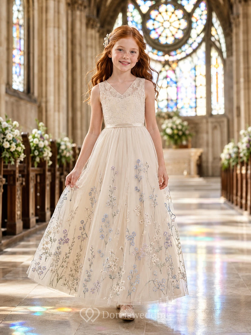 Flower Girl Dress A-Line Cream Blue Floral Tulle V Neck Church Garden