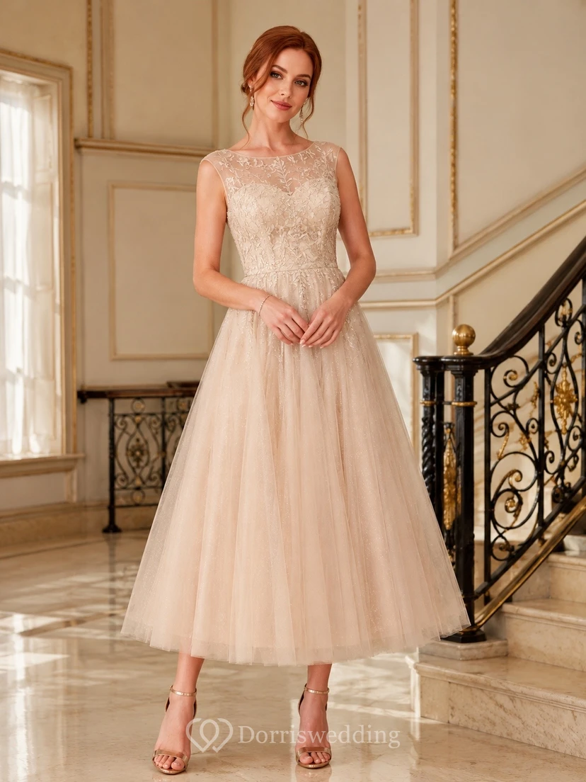 Romantic Petal Lace Tulle A-Line Tea-Length High Neck Sleeveless Formal Dress