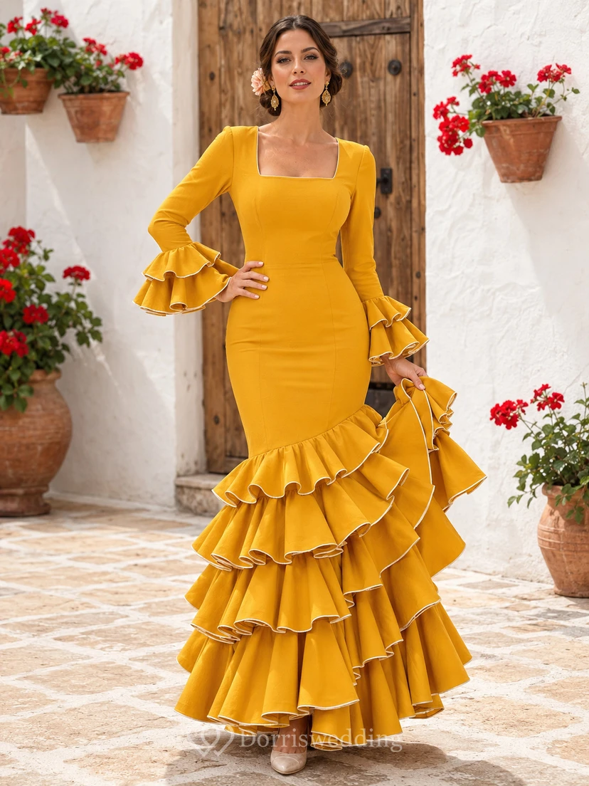 Vestido de sirena escalonado de estilo flamenco con cuello cuadrado y mangas tres cuartos acampanadas color narciso