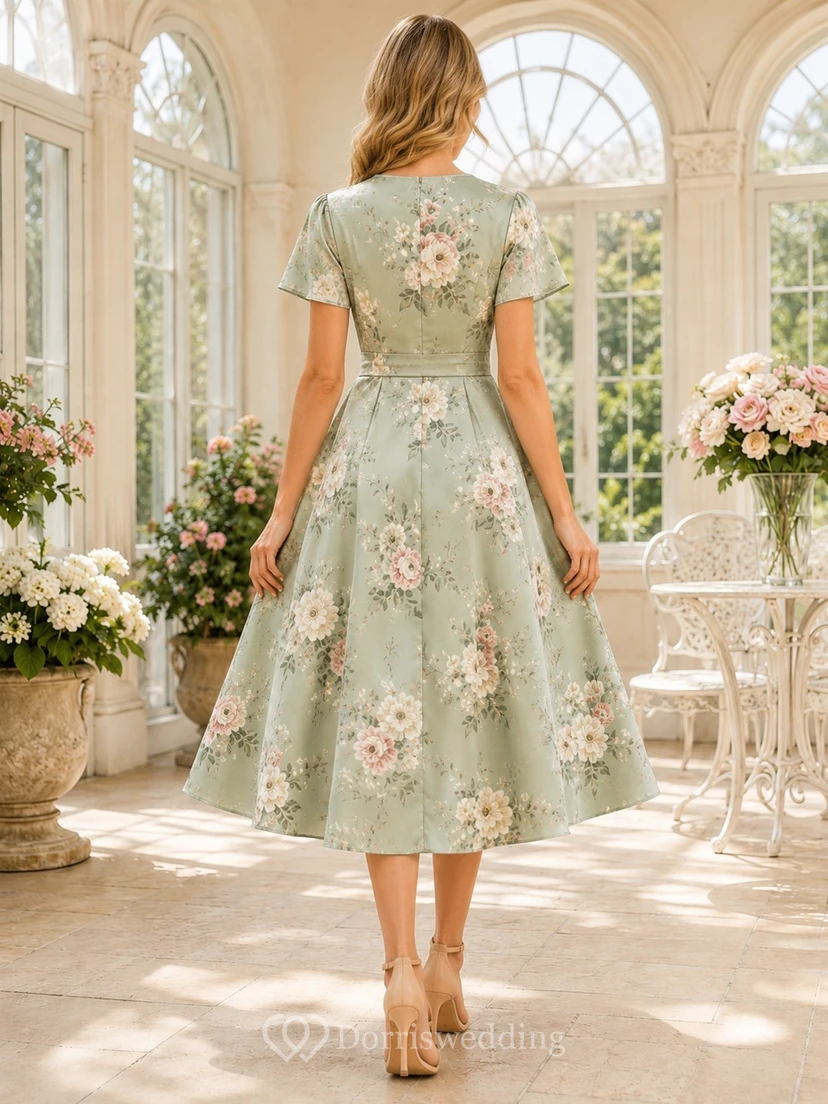 Robe bohème en mousseline de soie à imprimé floral sauge, col en V, manches courtes, longueur thé, coupe trapèze, col en V et manches courtes view 2