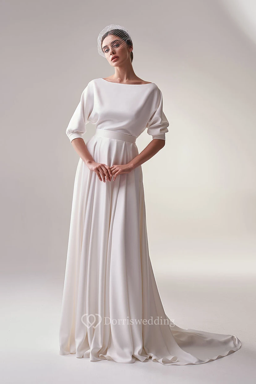 Schlichtes Chiffon-Hochzeitskleid mit Rundhalsausschnitt und halben Ärmeln