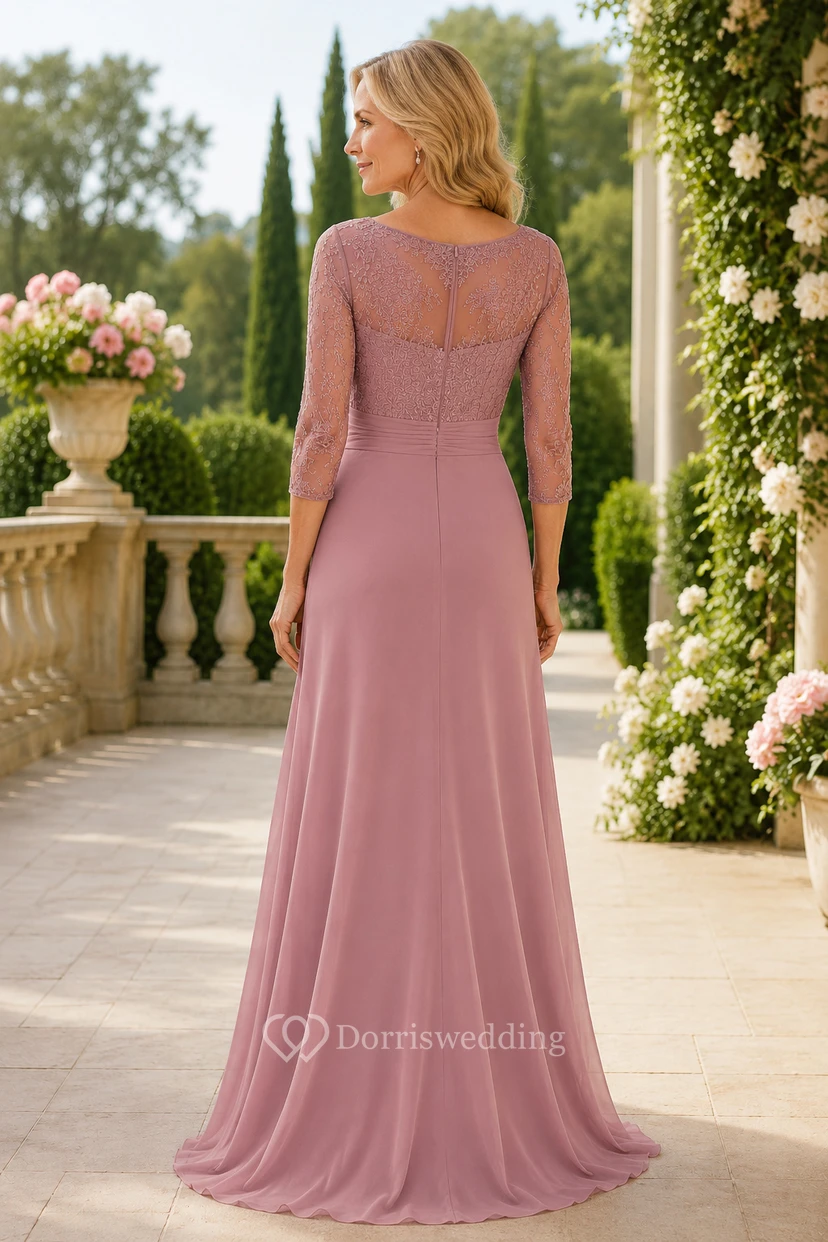 MOB-Kleid aus altrosafarbenem Chiffon mit Spitze, A-Linie, 3/4-Ärmeln, Rundhalsausschnitt, bodenlang, mit Rüschendetails und Drapierung view 2