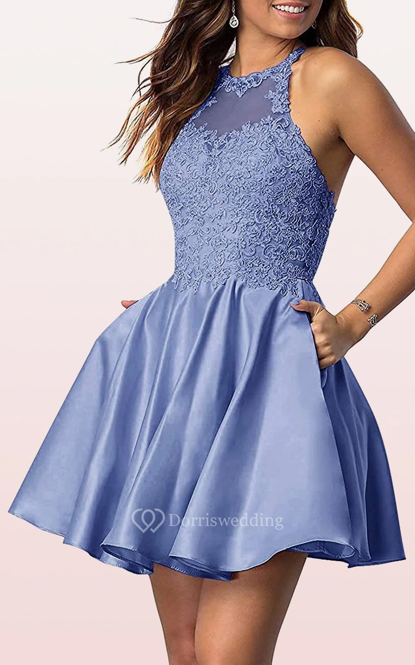 Satin Lace Mini A Line Sleeveless Adorable Homecoming Dress with Pleats view 7