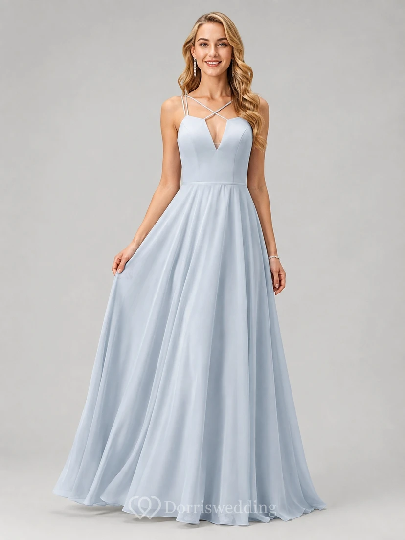 Himmelblaues, romantisches Chiffon-Brautjungfernkleid mit V-Ausschnitt und A-Linie