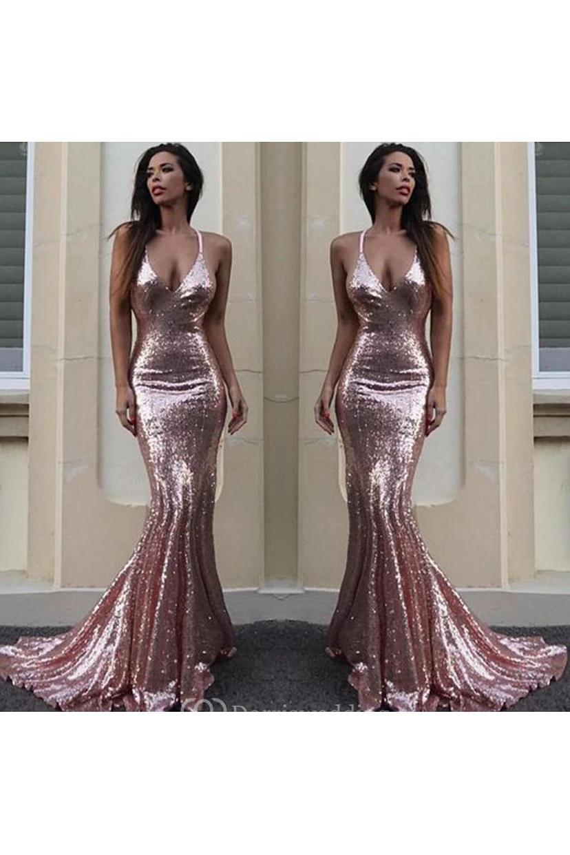 Mermaid Trumpet Sequins Spaghetti Sleeveless Open Back Straps Dress