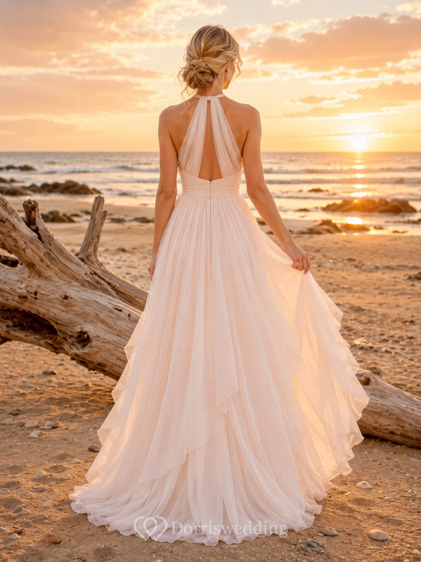 V Neck Draped Chiffon Beach Bridal A Line Gown view 2