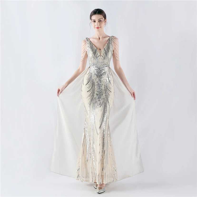 Paillettenbesetzte Blumen mit Cape-Stickerei, hochwertiges Abendkleid, ideal für die Ausrichtung der Jahrestagung view 51