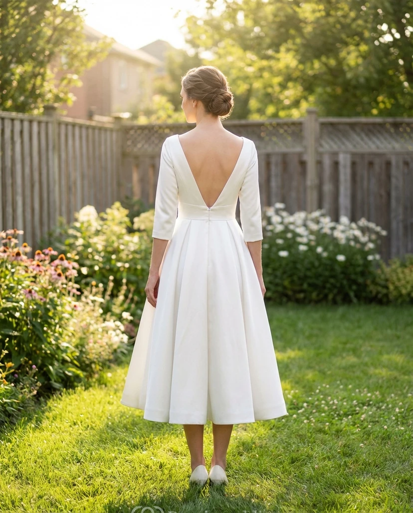 Robe de mariée simple, longueur thé, coupe trapèze, col en V, manches 3/4 view 2
