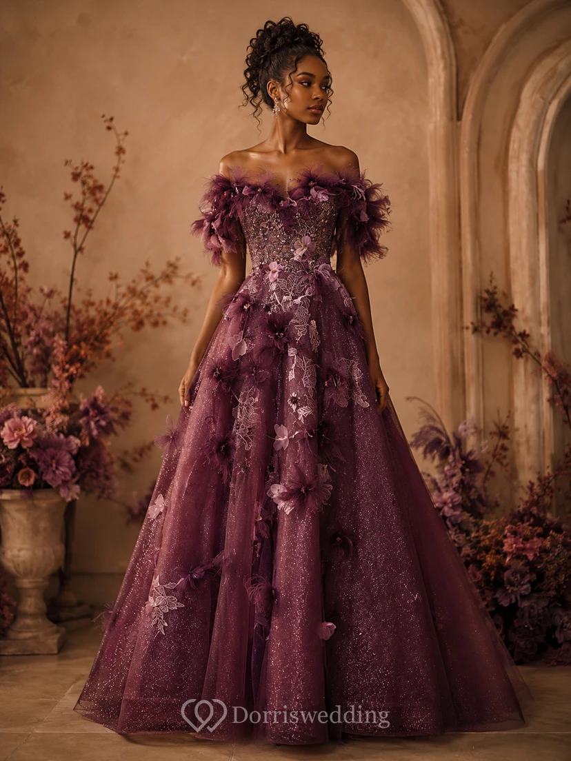 Hellblaues schulterfreies Ballkleid mit Blumenmuster view 5