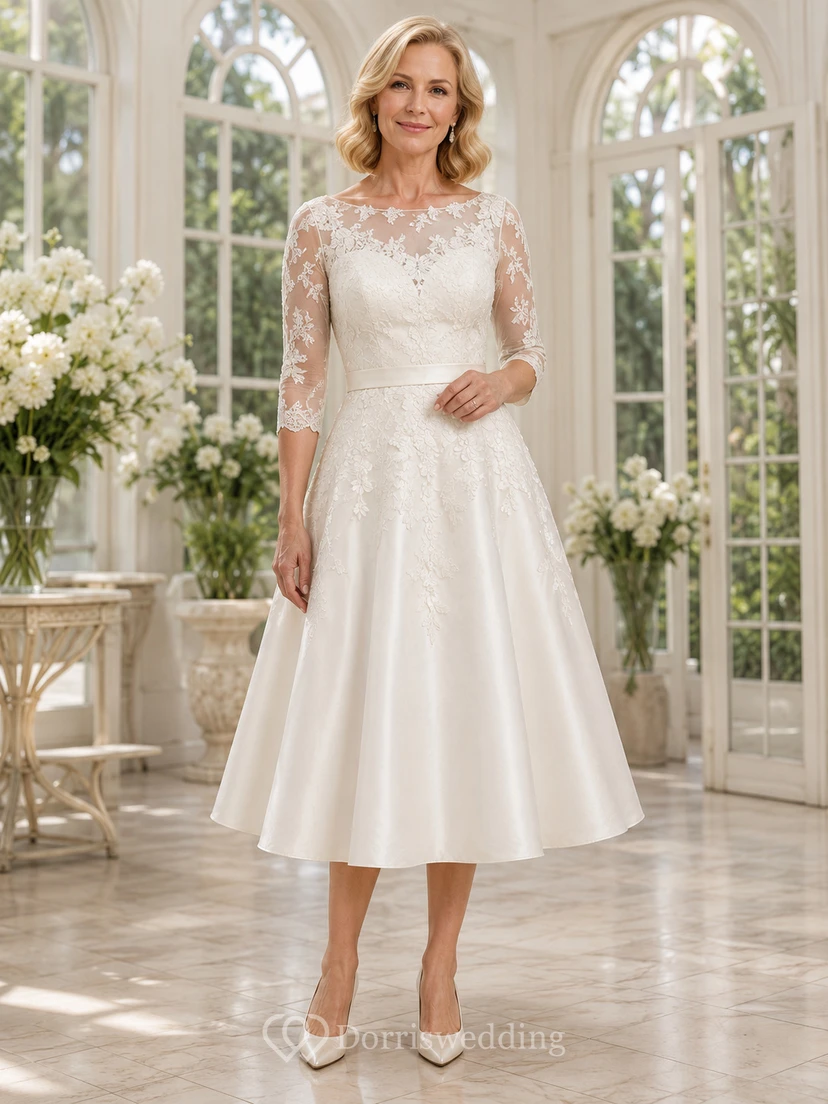 Vestido de novia vintage de satén con escote barco, manga tres cuartos y encaje, ideal para novias mayores.