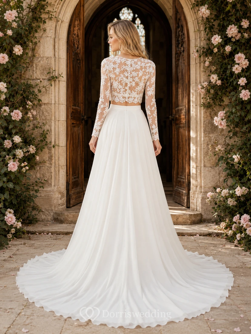 Long Sleeve Illusion Lace Top Chiffon Chapel Bridal Set view 2