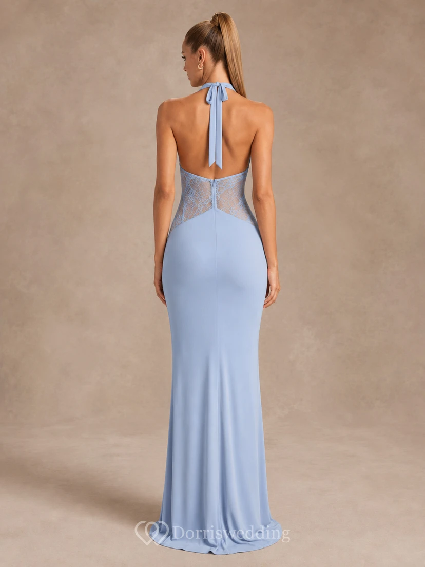 Powder Blue Halter Cutout Floor Length Sheath Formal Dress view 2