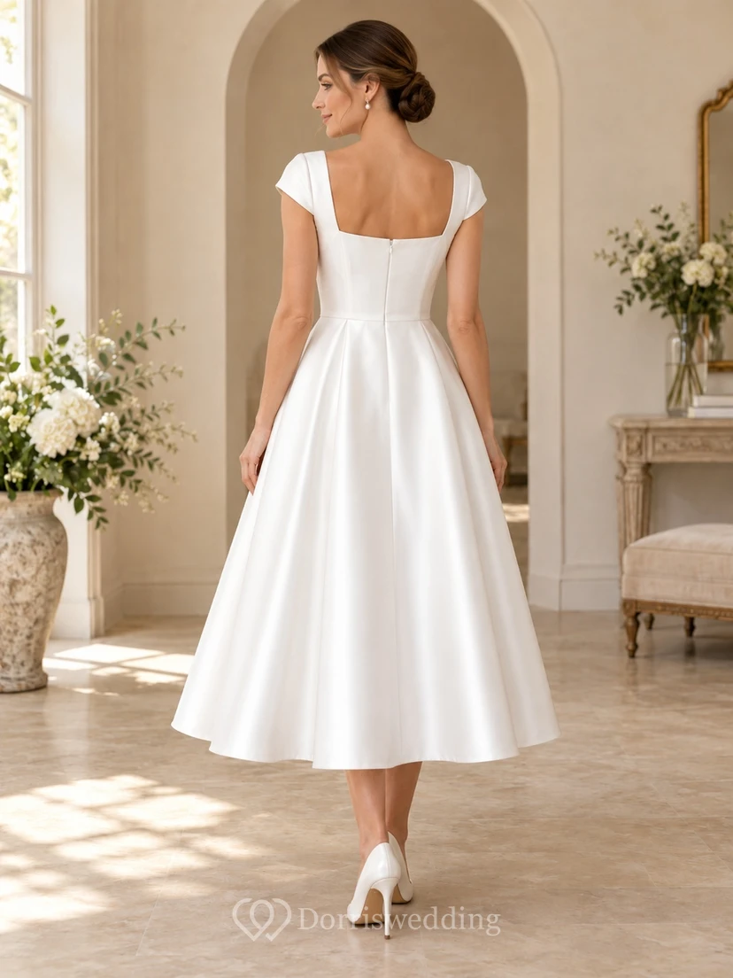 Vestido de novia sencillo de satén con escote cuadrado y mangas cortas, largo hasta la rodilla y corte en A. view 2