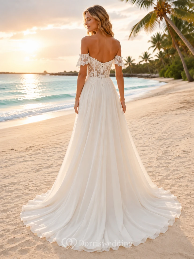 Beach Chiffon Tulle Wedding Dress A-Line Off Shoulder Sweep Train with Slit Bridal Gown view 2