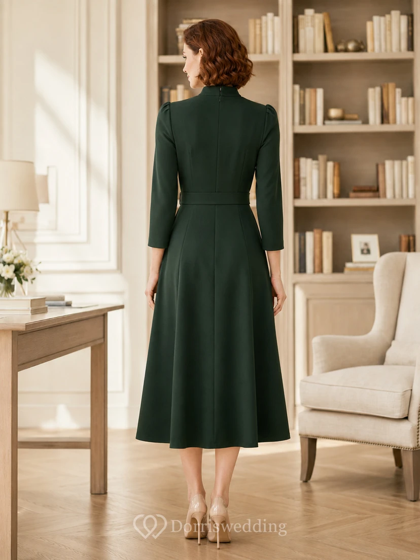 Forest green three quarter sleeve high neck A-line modest work dress view 2