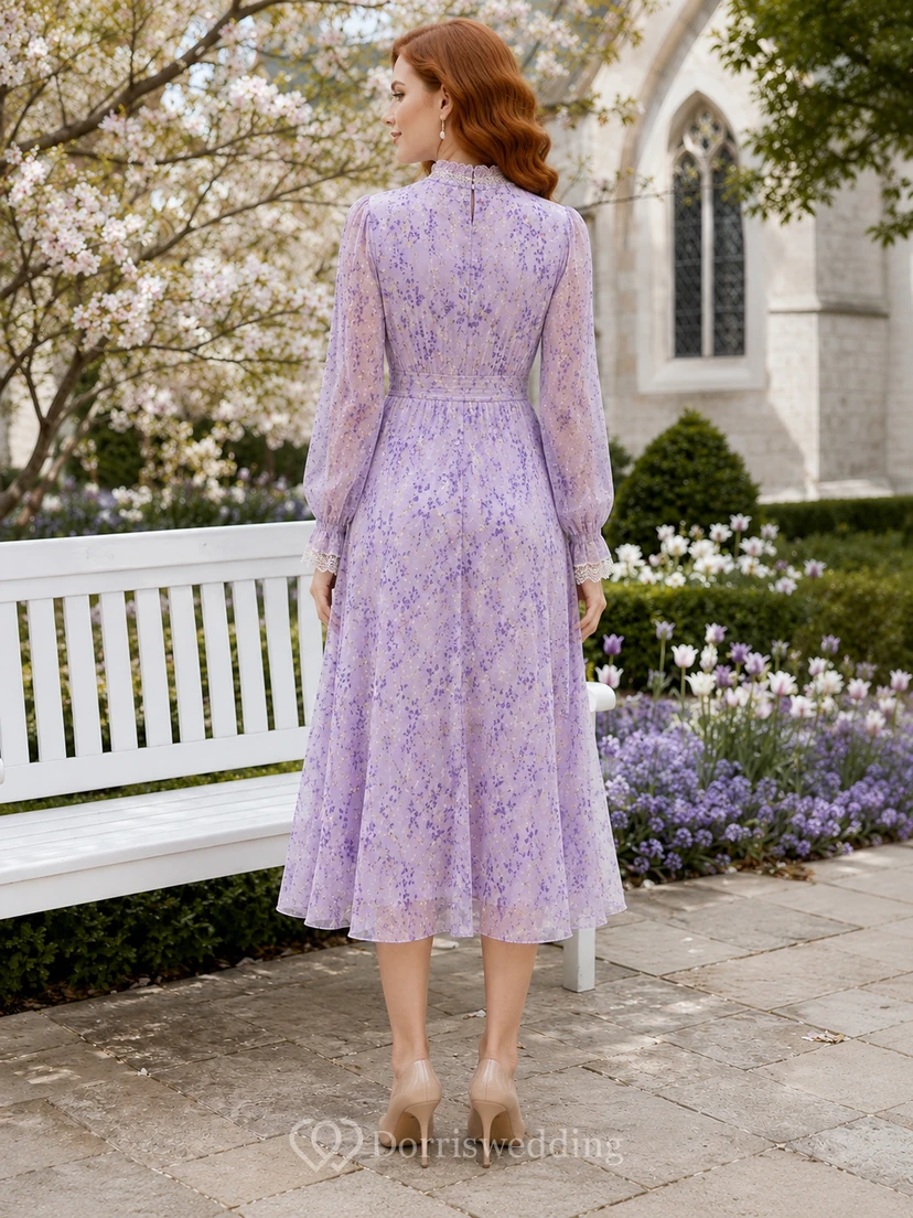 Lavender Floral Long Sleeve High Neck Midi Easter Dress view 2