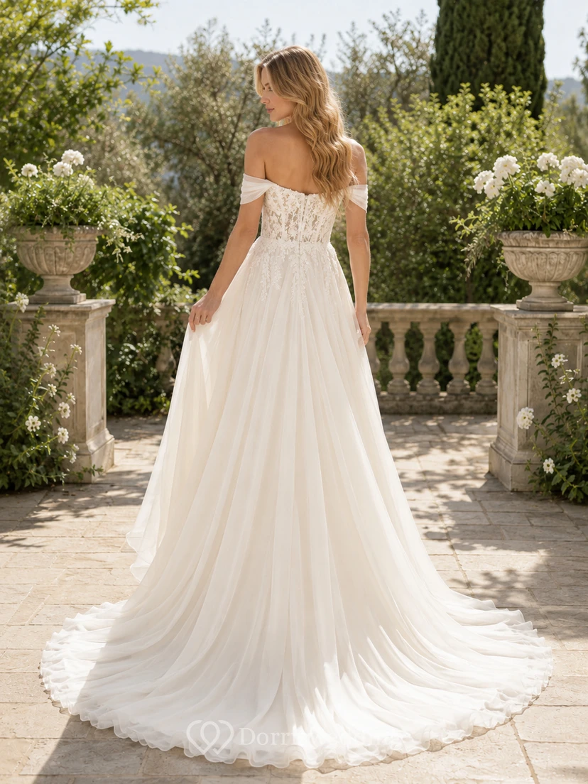 Tüll-Hochzeitskleid, A-Linie, V-Ausschnitt, ärmellos, Kapellenschleppe view 2