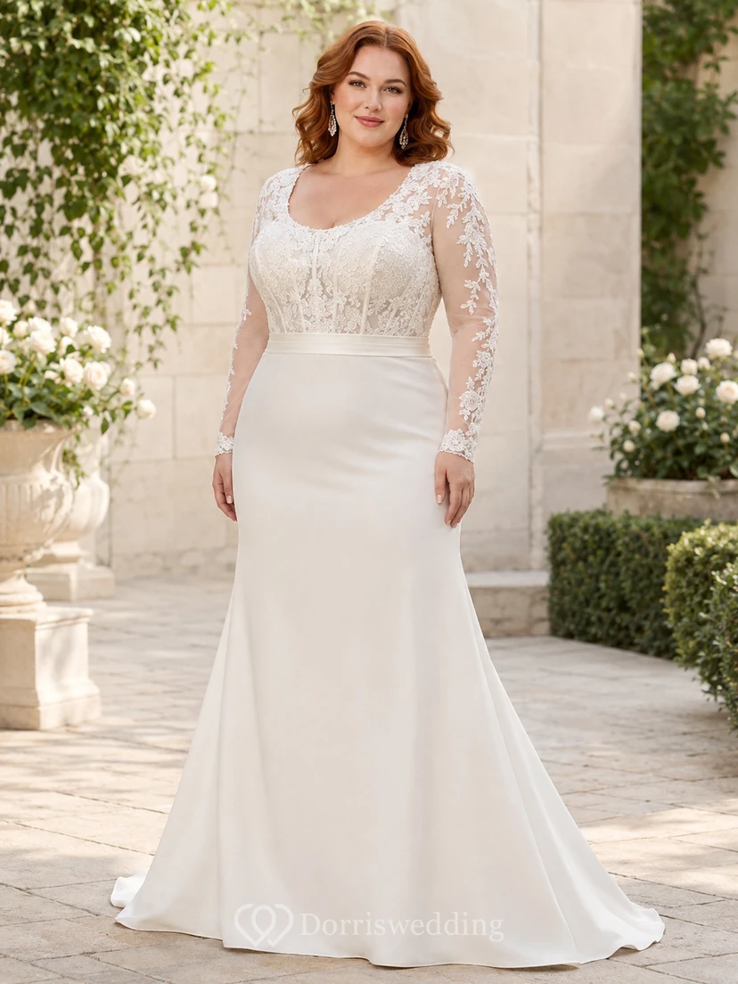 Robe de mariée sirène longue en satin satiné à manches illusion et décolleté rond, grande taille, à prix abordable.