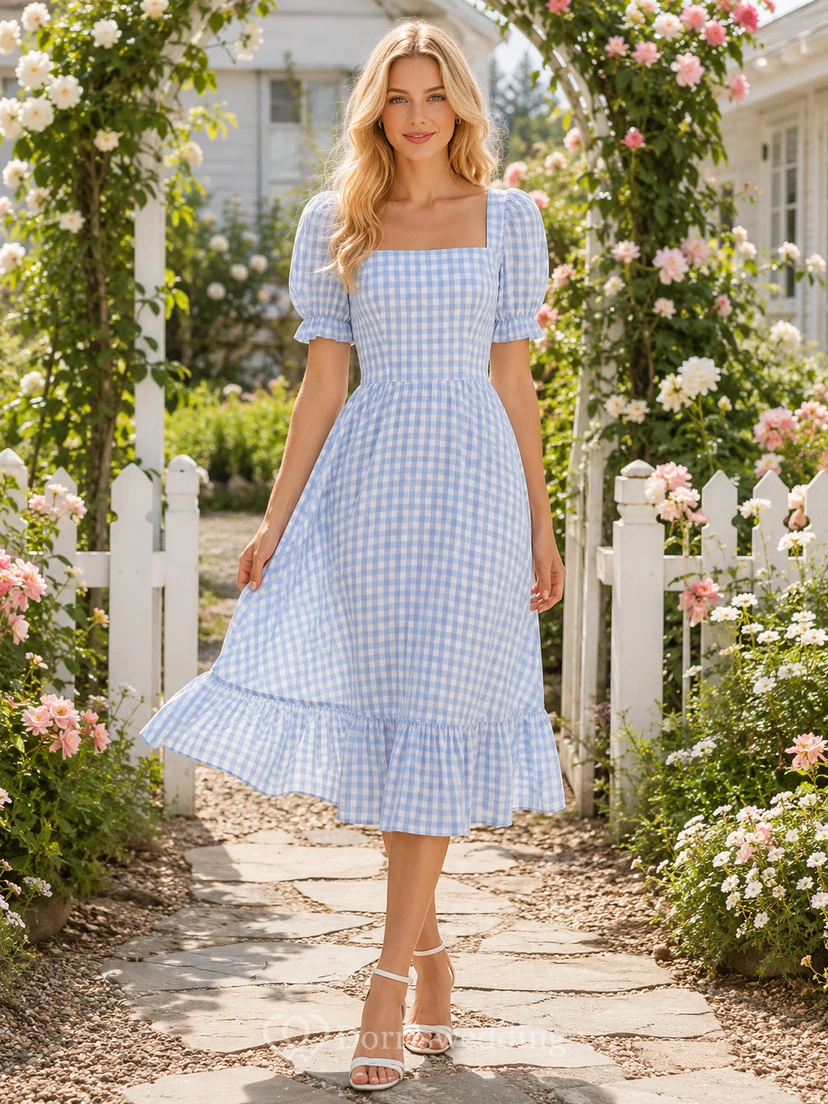 Blue Gingham Square Neck Puff Sleeve Ruffle Midi Dress