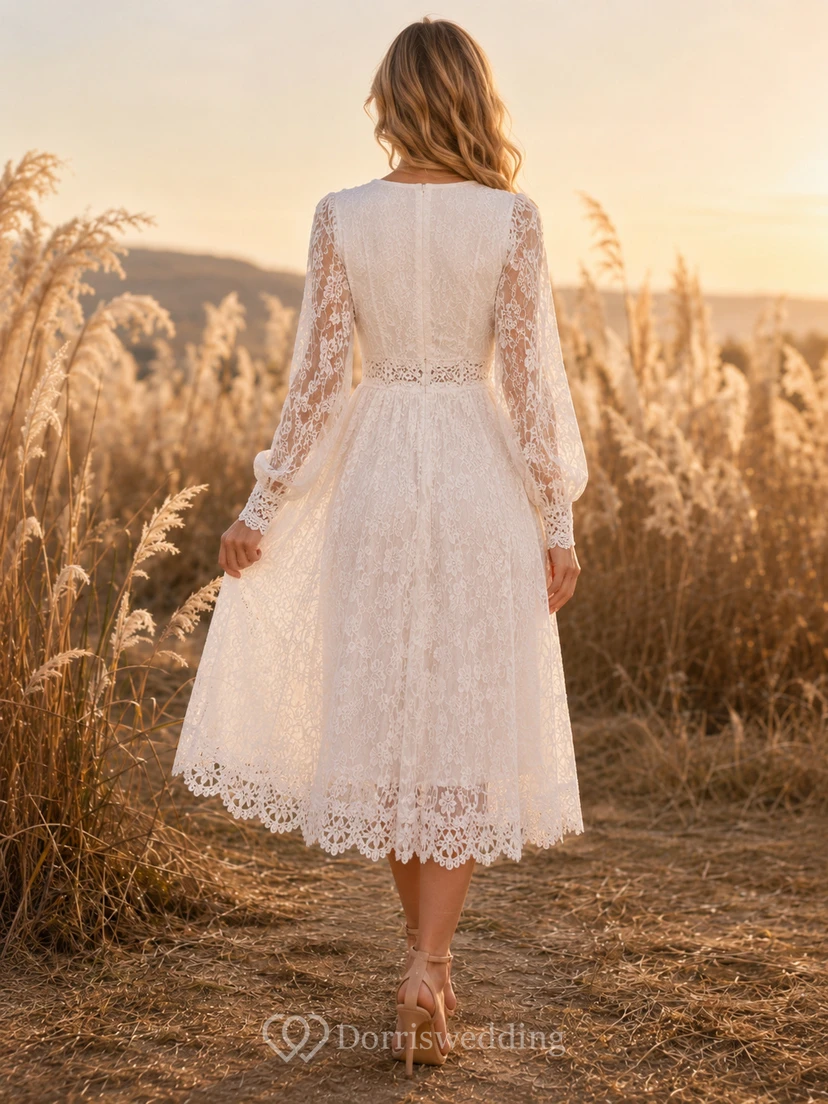 Bohemian White Tea-Length V-Neck Long Sleeve Country Lace Dress Rustic view 2
