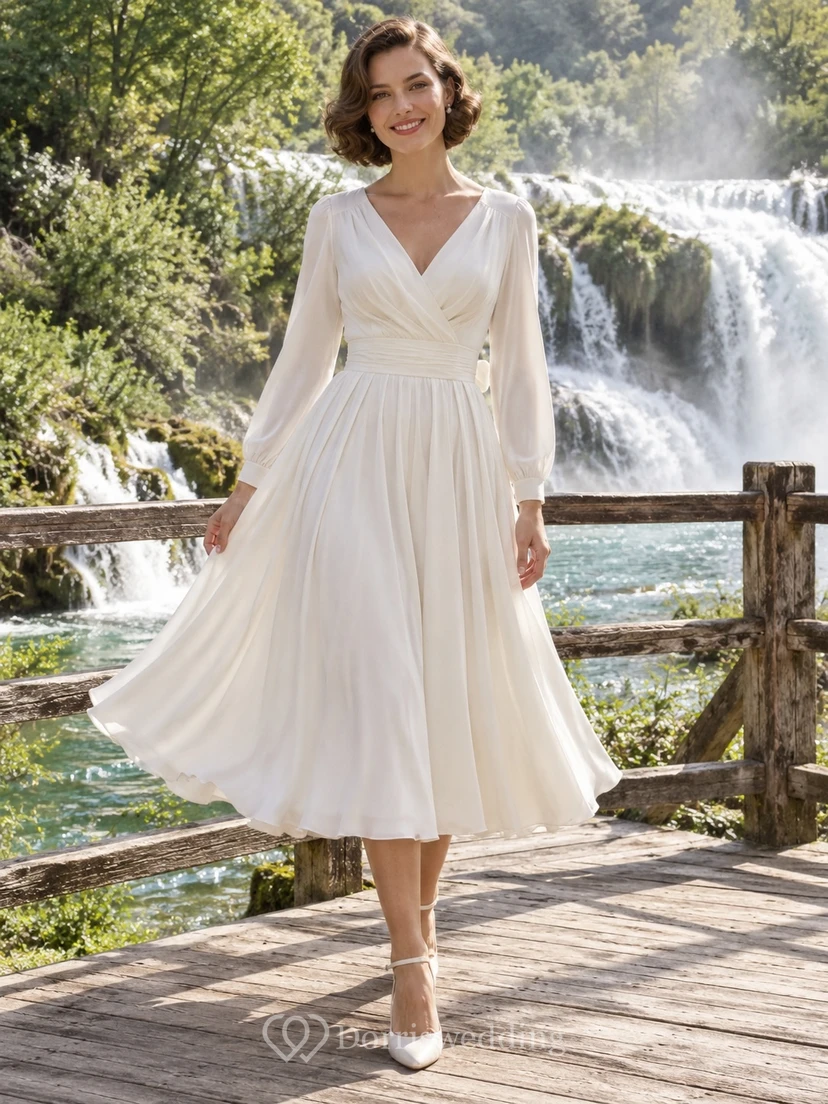 Vestido de novia sencillo de estilo vintage, largo hasta la rodilla, manga larga, escote en V, gasa, fruncido, corte en A