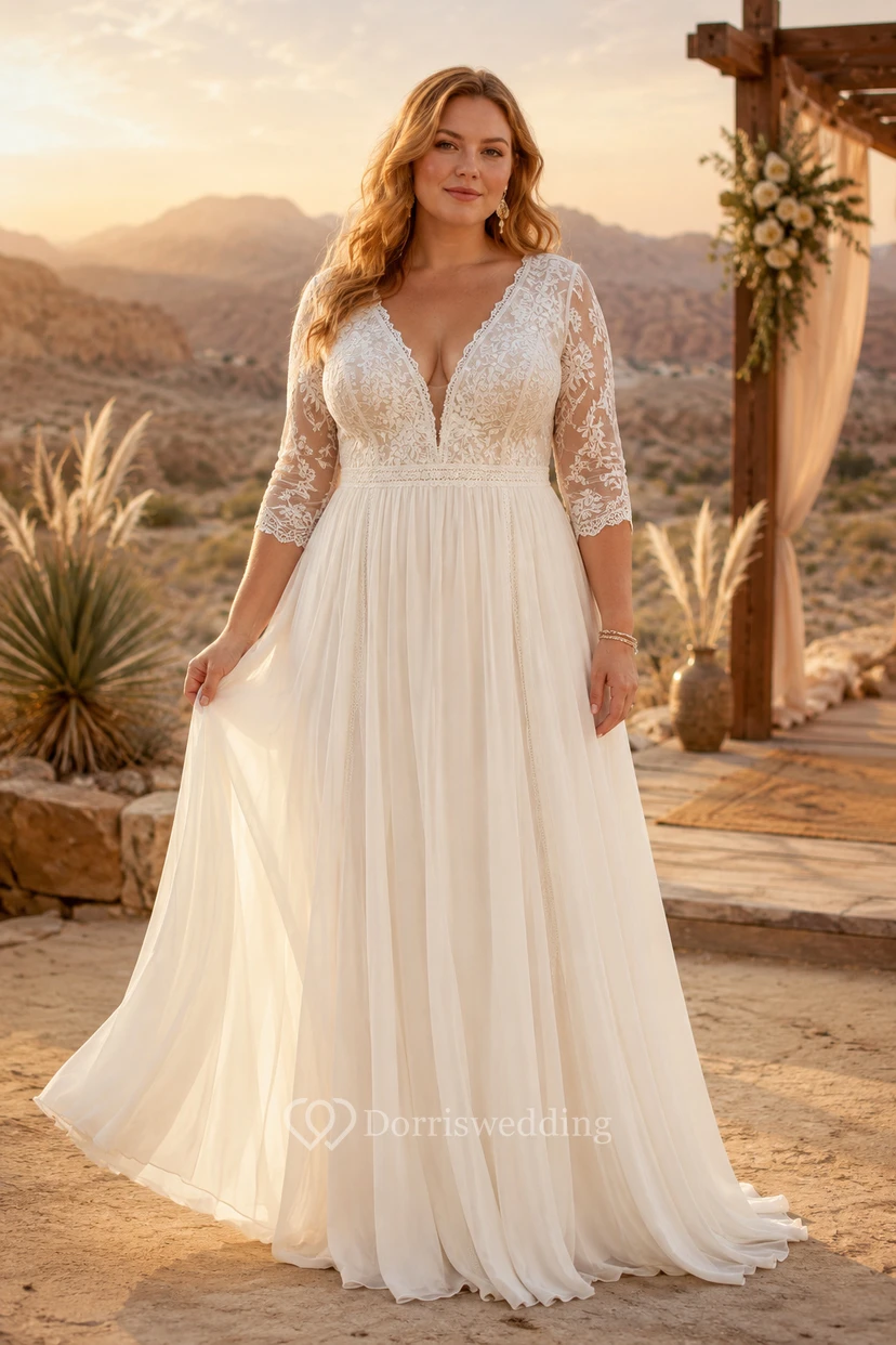Vestido de novia de talla grande con escote en V, manga larga, encaje y corte en A con falda de tul.