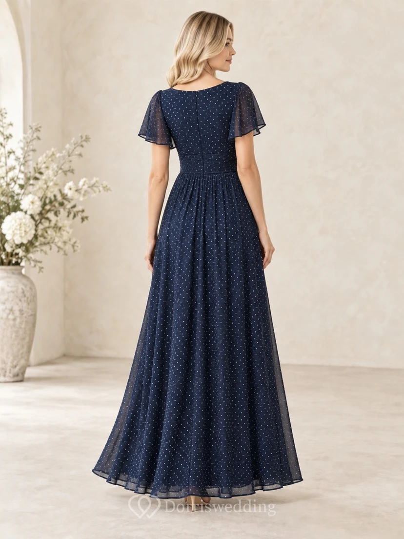 Navy Tiny Polka Dot V-Neck Short Bell Sleeve Floor-Length Chiffon Bridesmaid Dress view 2
