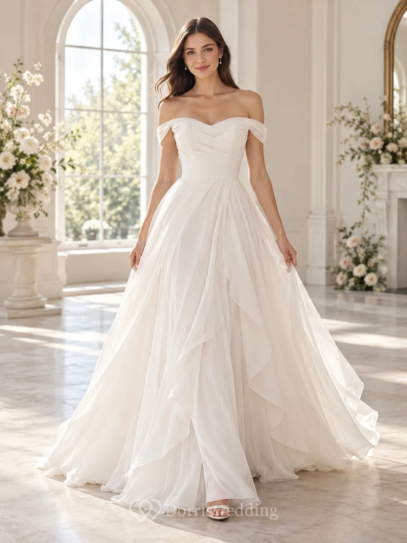 Off Shoulder Ruched Tulle Ruffled A-line Train Wedding Dress