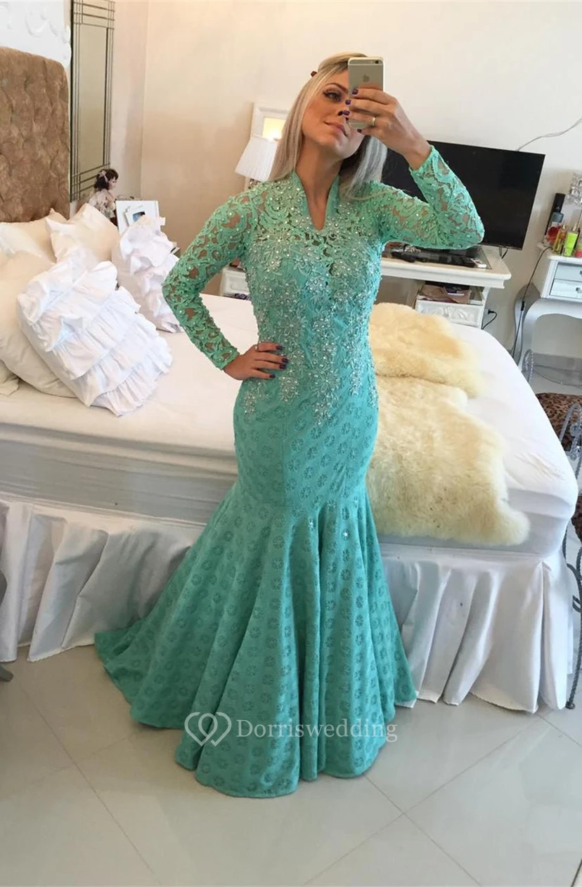Glamorous Long Sleeve Lace Evening Dresses Appliques Mermaid