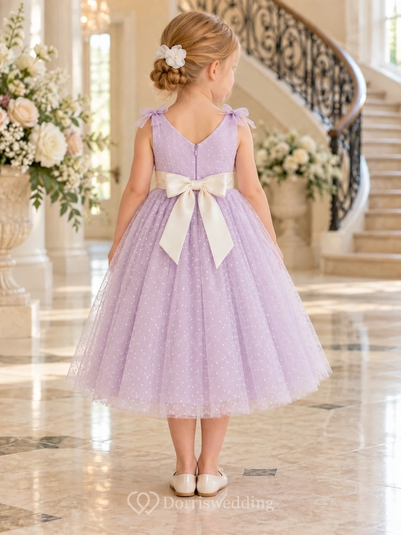 Robe de demoiselle d'honneur mi-longue lilas, coupe trapèze, sans manches, en tulle ivoire à pois et ceinture, avec ceinture. view 2