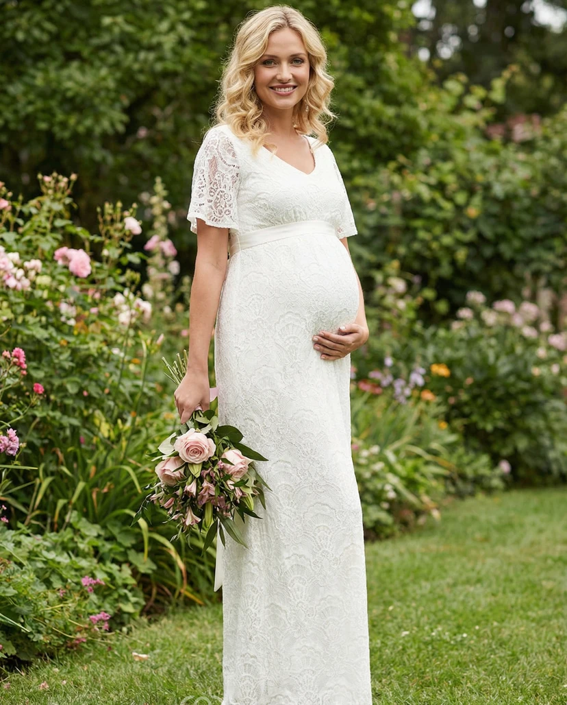 White Lace V Neck Maternity Wedding Dress with Short Sleeves view 3