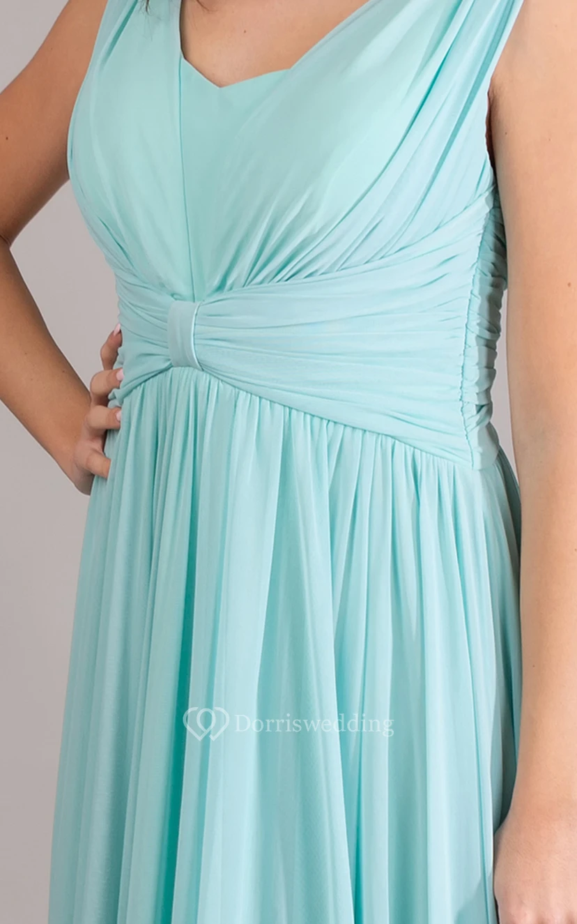 Modernes ärmelloses, bodenlanges Chiffon-Abendkleid in A-Linie mit Schleppe, Reißverschluss und Raffungen view 3