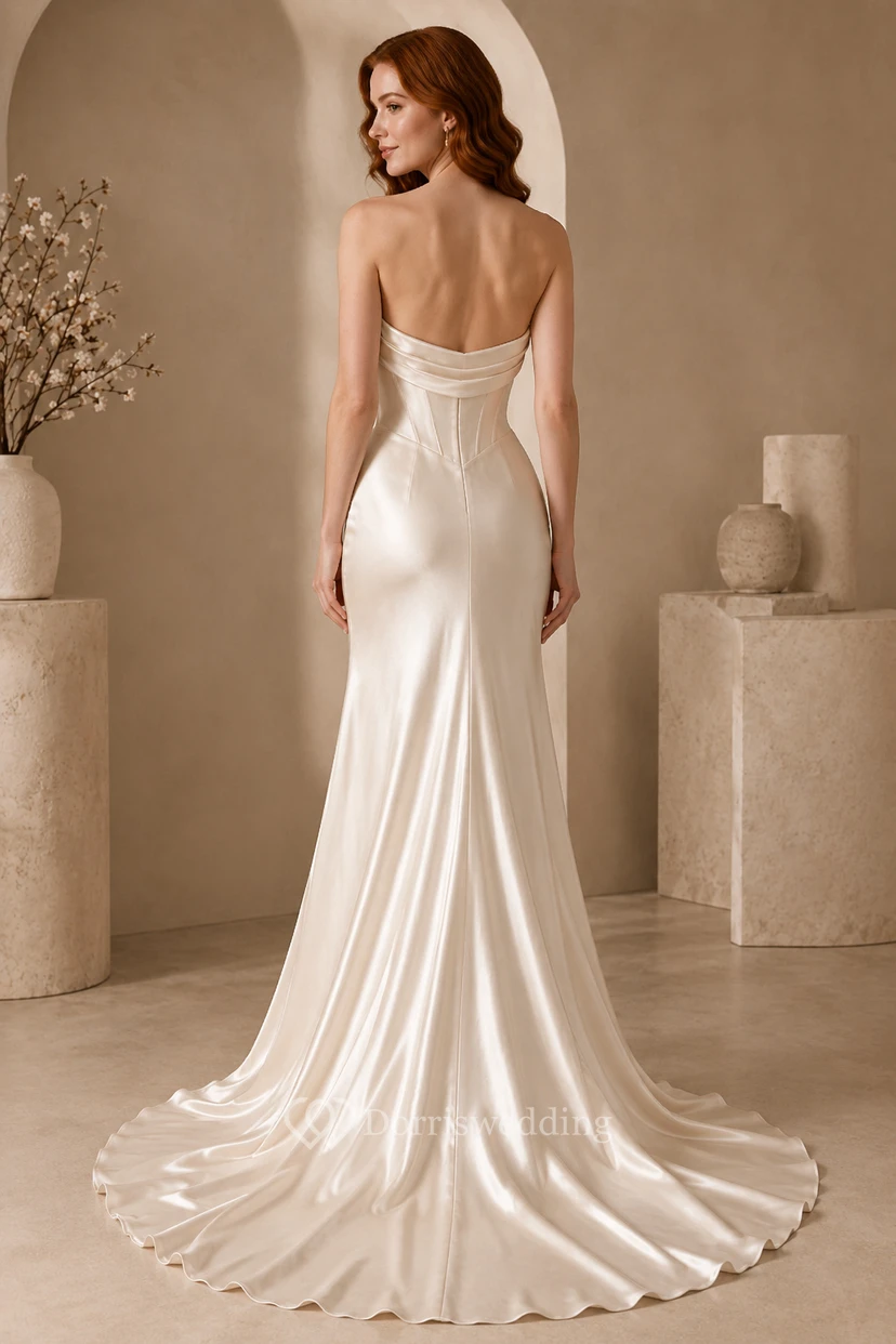 Satin Wedding Dress Mermaid Strapless Sweetheart Sweep Train Bridal Gown view 2