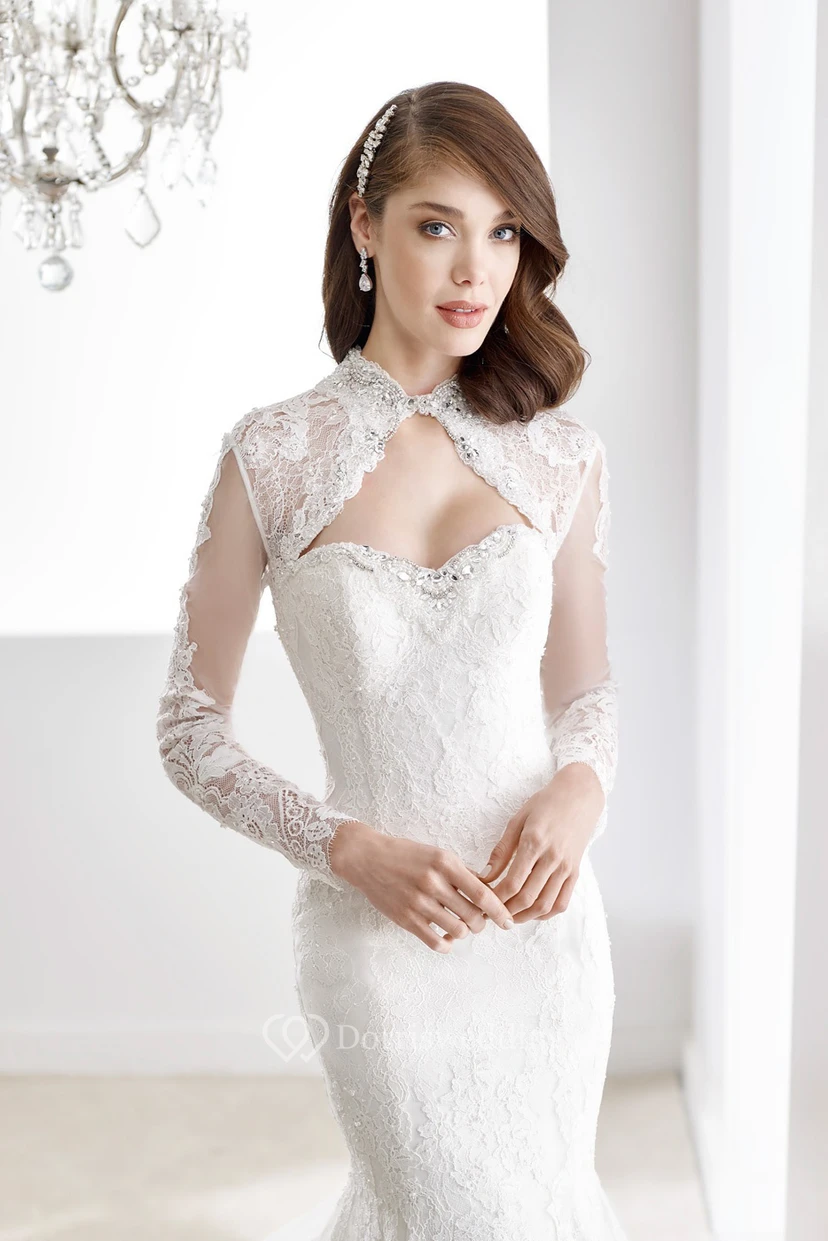 Long-Sleeve Keyhole-Bust Sheath Lace Wedding Dress With Mermaid Style And Keyholes Back view 3