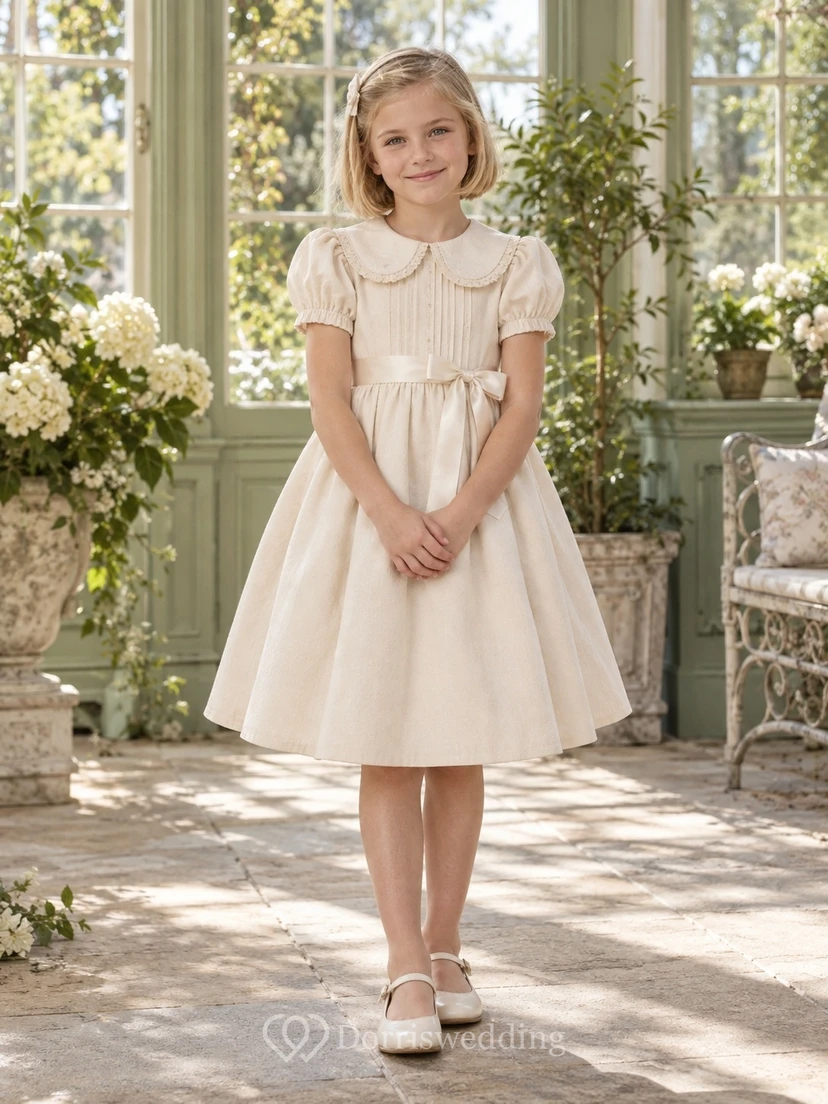 Vintage Tea-length Ivory Peter Pan Collar Puff Sleeve Corduroy Flower Girl Dress