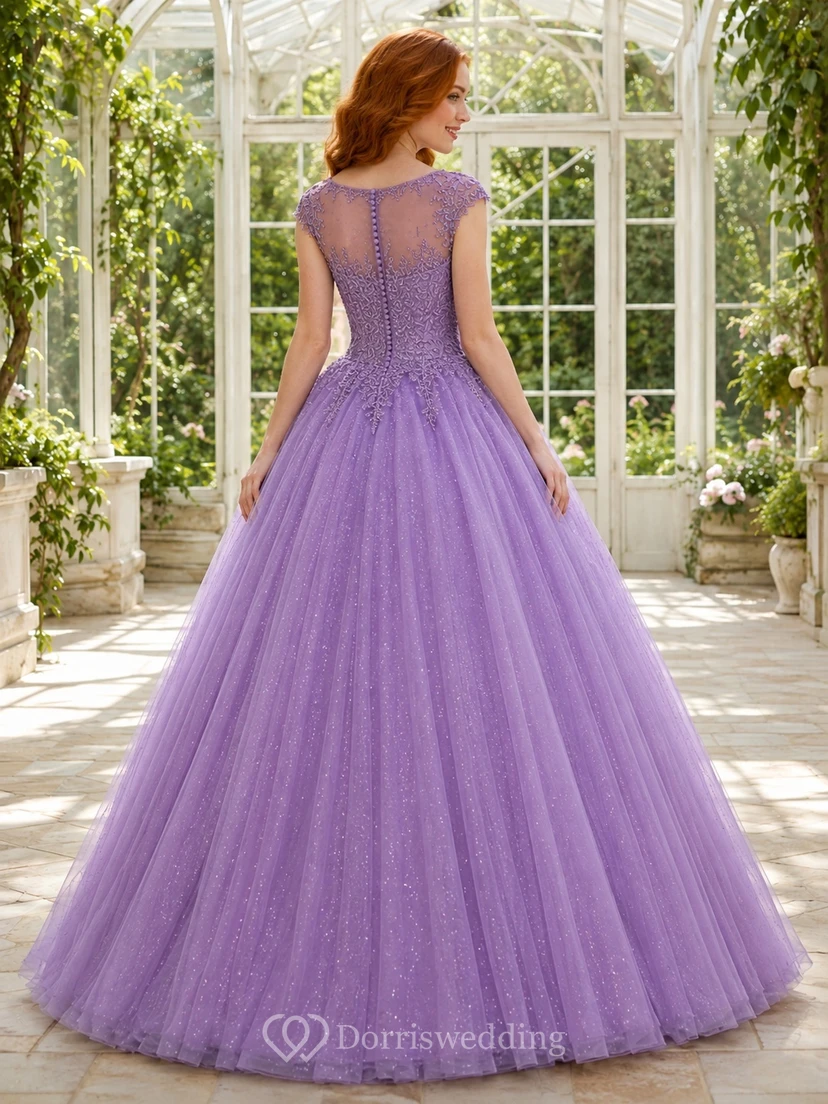 Lavender Prom Lacework Ball Gown Jewel Lace Short Sleeve Floor-length Romantic Dress view 2