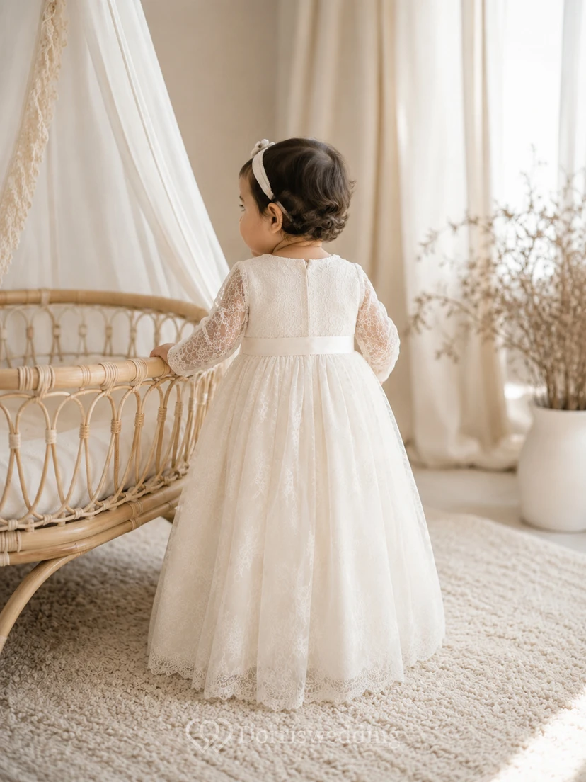 Long Sleeve Lace Baby Christening A-Line Floor-Length Tulle Gown view 2
