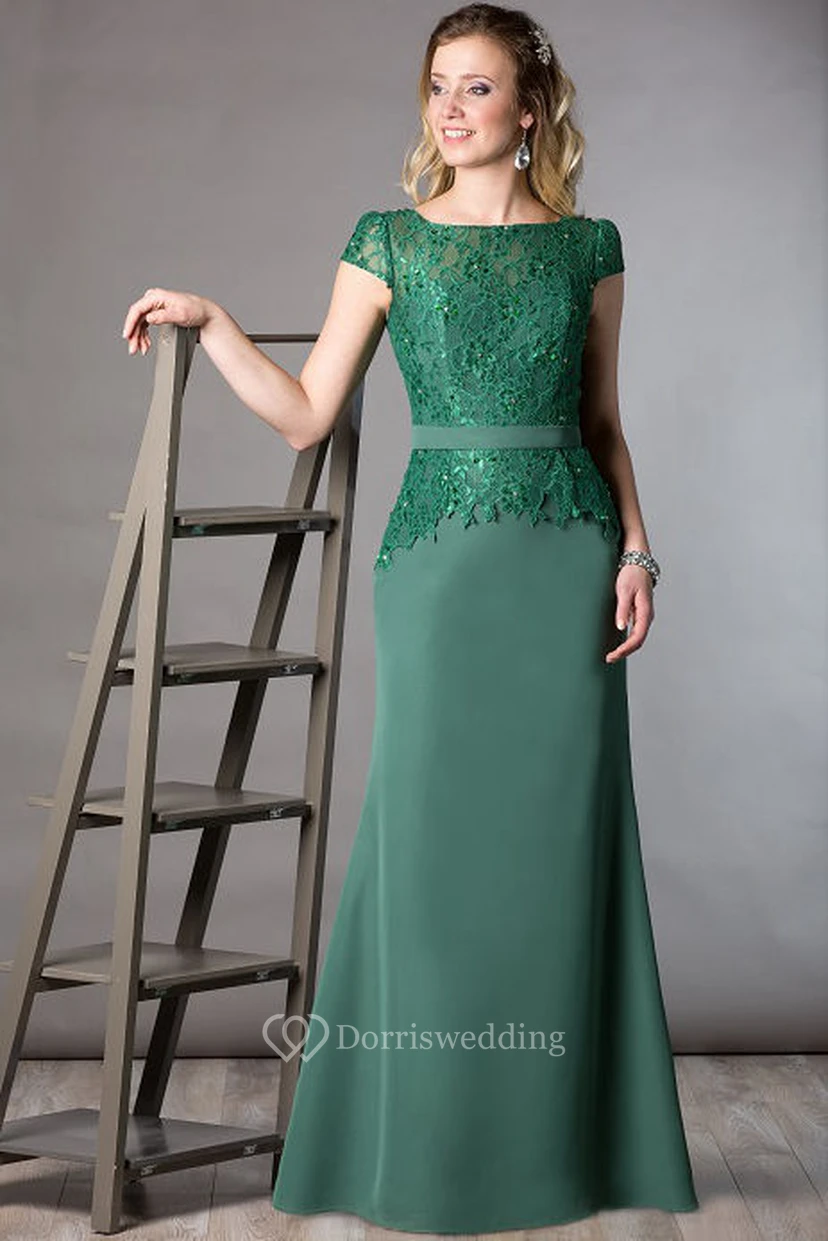 Lace Top Cap Sleeve Sheath Long Mother Of The Bride Dress With Crystal Details