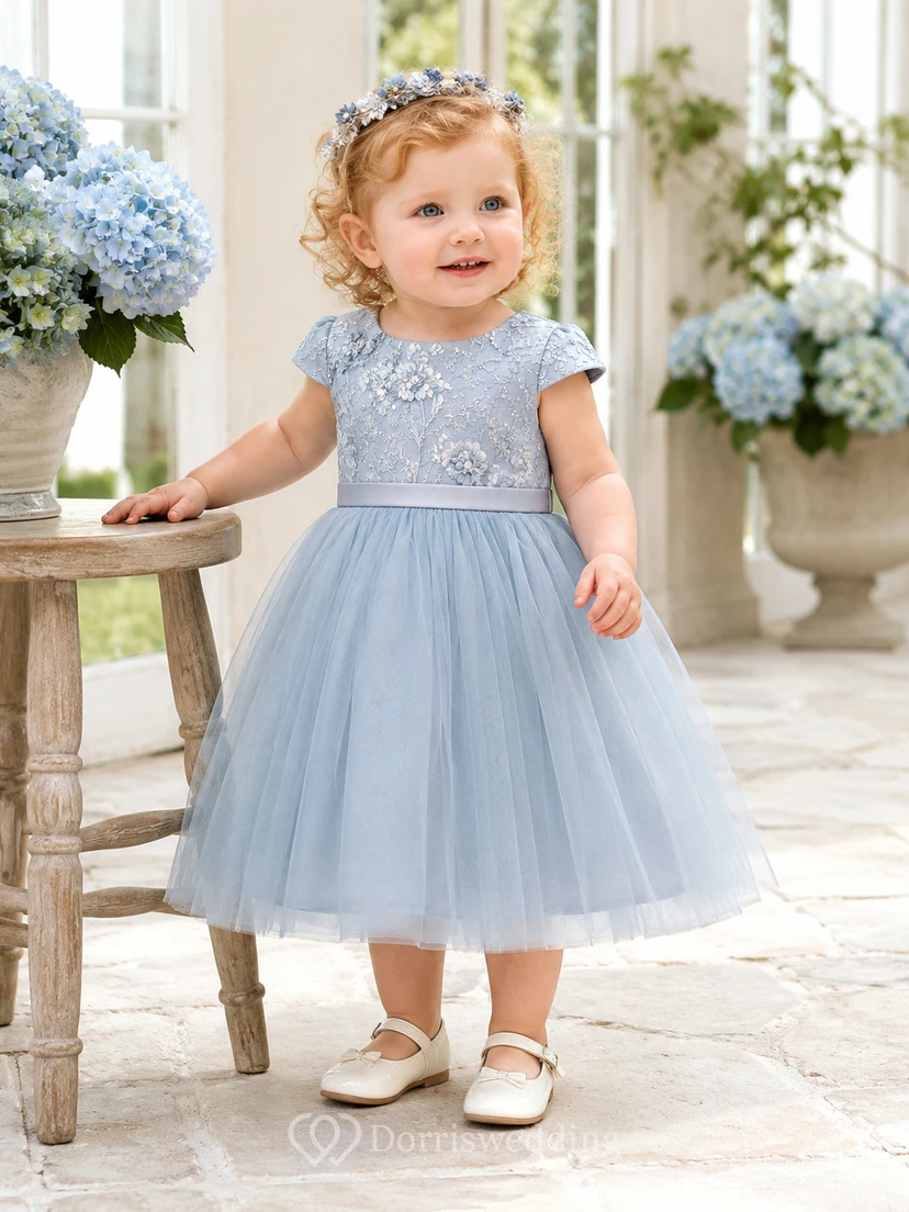Dusty Blue Flower Girl Dress Tea-Length A-Line Cap Sleeve Floral Embroidered Tulle Button Bow