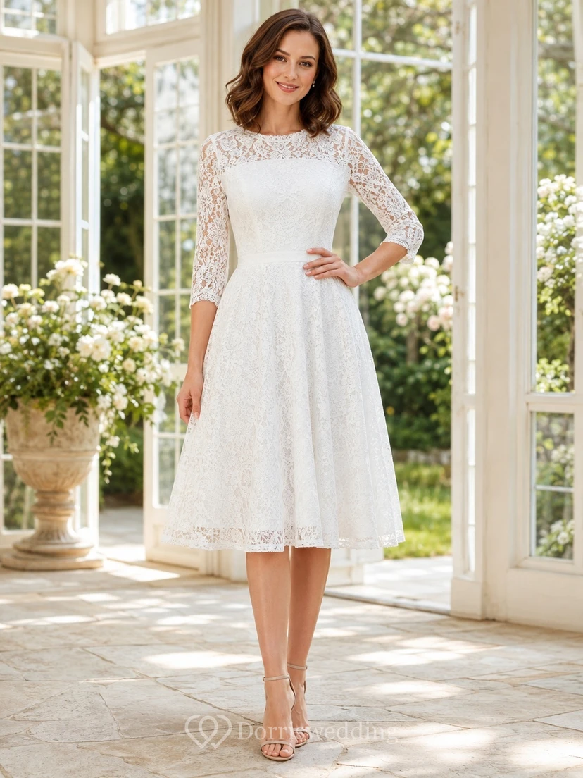 White Bateau Three-Quarter Sleeve Lace A-Line Tea-Length Vintage Cocktail Dress