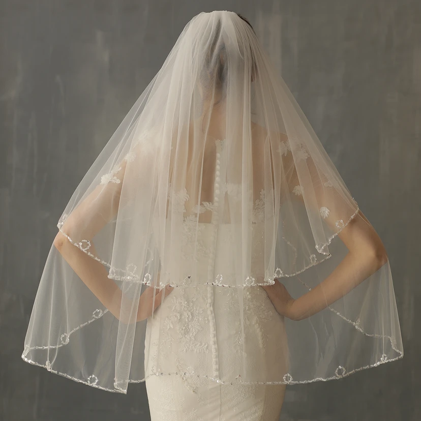 Original Handmade Chic Two Tier Fingertip Veil with Beads Trim view 2