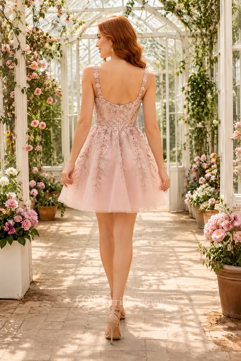Minivestido de fiesta de graduación de corte A con apliques florales de tul rosa rubor view 2