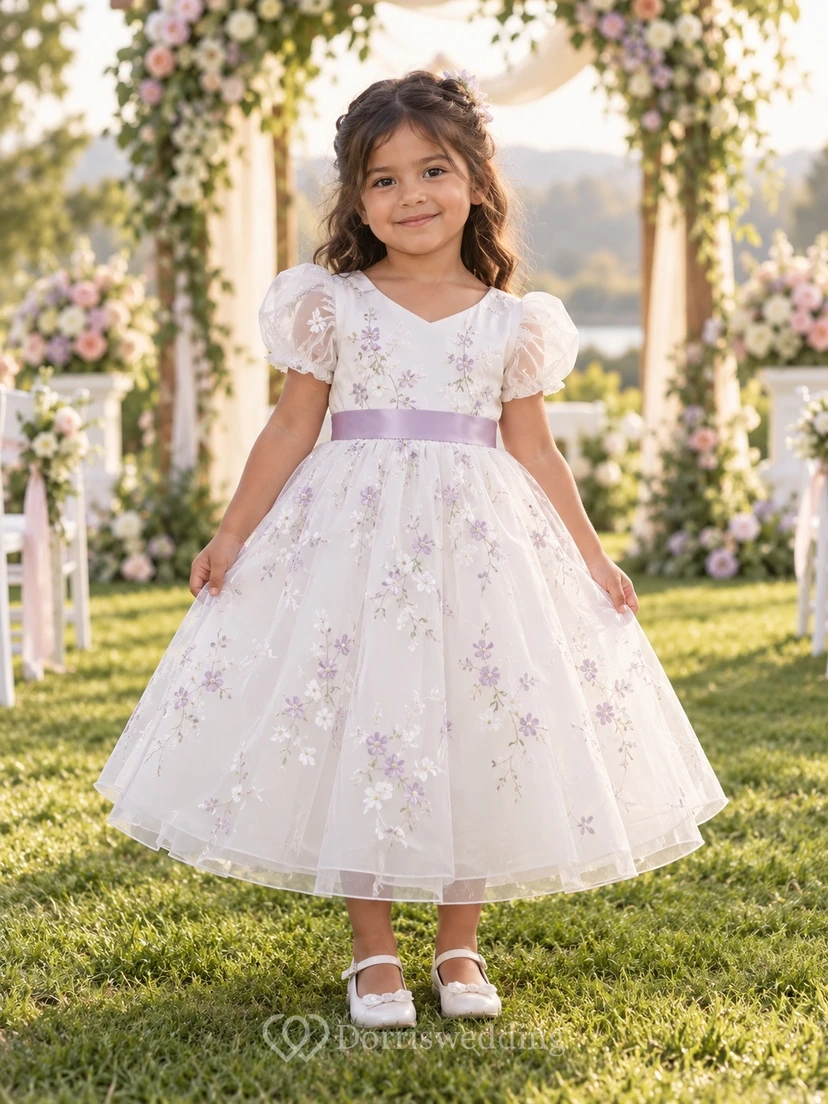Teelanges elfenbeinfarbenes A-Linien-Kleid aus floralem Tüll mit V-Ausschnitt, Puffärmeln und lavendelfarbener Schärpe für Blumenmädchen