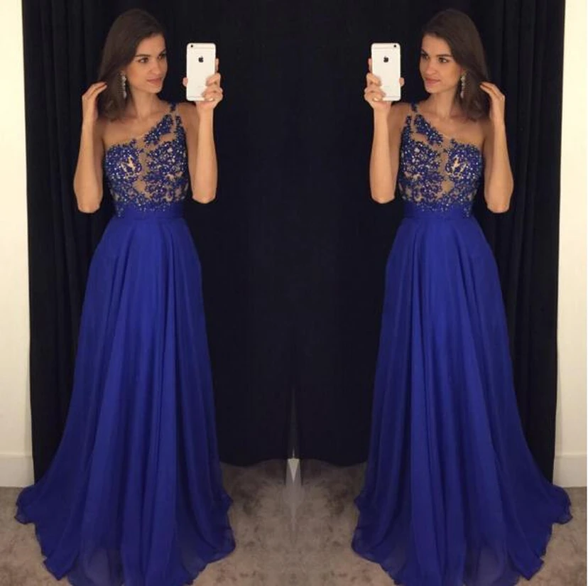Elegant Royal Blur One Shoulder Prom Dresses Long Chiffon Appliques view 2