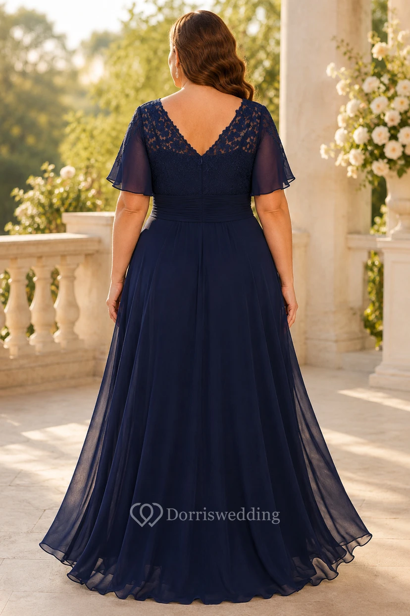 MOB Dress Dark Navy Chiffon Lace A-Line Short Sleeve V-Neck Floor Length Pleated view 2