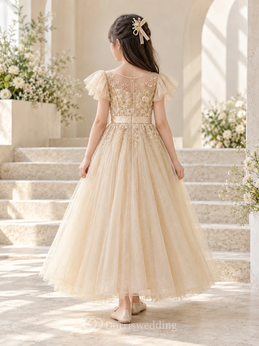 Champagne Floral A-line Tulle Flutter-sleeve Ankle-length Appliqued Round-Neck Flower Girl Dress view 2